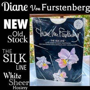 ▪️NOS▪️DVF▪️'The Silk Line' White Illusion Antique Lace Waist Sandalfoot Hose
